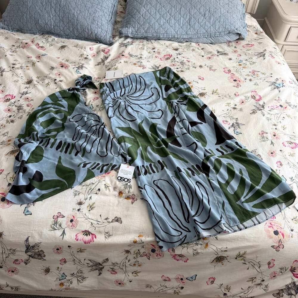 Topshop Leaf Print Top and Skirt Set US 12 Blue Green Co-ord New